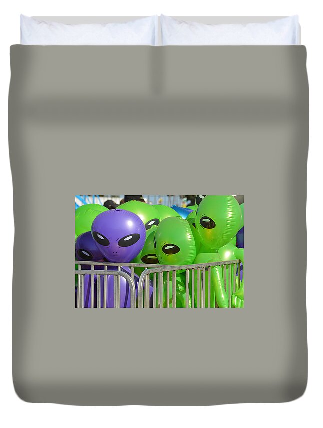 Aliens Duvet Cover featuring the photograph No cutting In Line by Jewels Hamrick