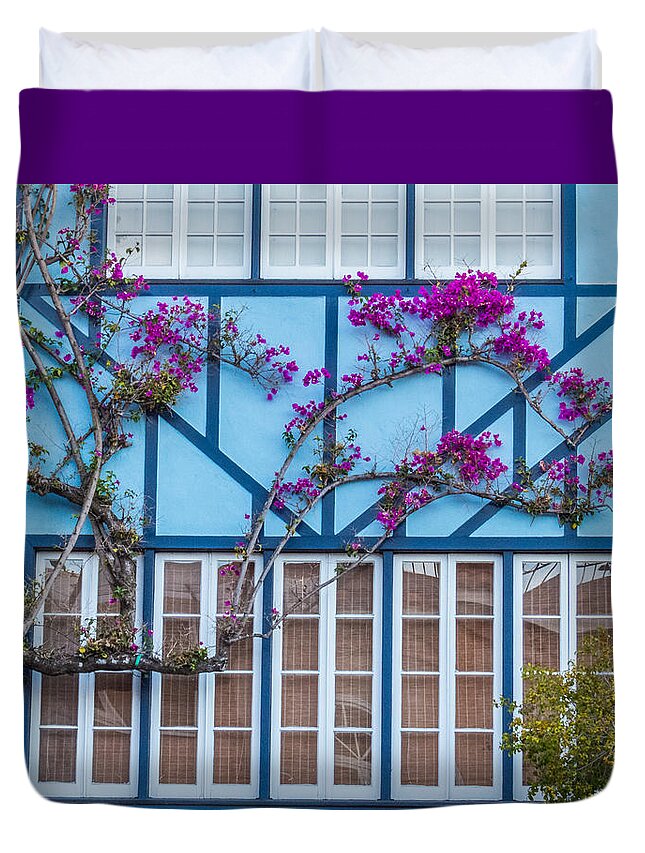 Bougainvillea Duvet Cover featuring the photograph Magenta on Blue by Patti Deters