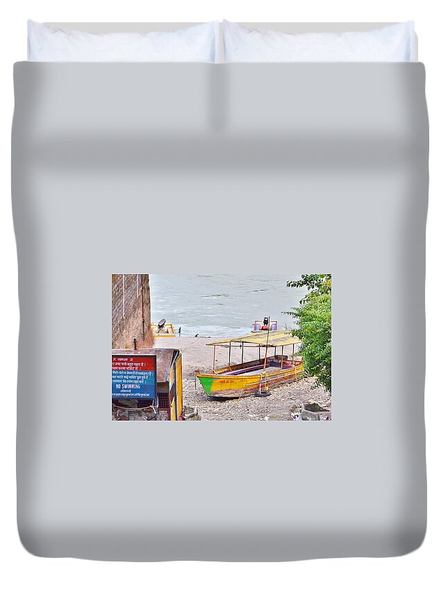 Boat Duvet Cover featuring the photograph No Swimming - Rishikesh India by Kim Bemis