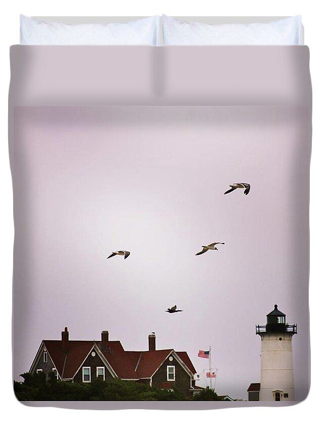 Nobska Duvet Cover featuring the photograph Nobska And Gulls by Justin Connor