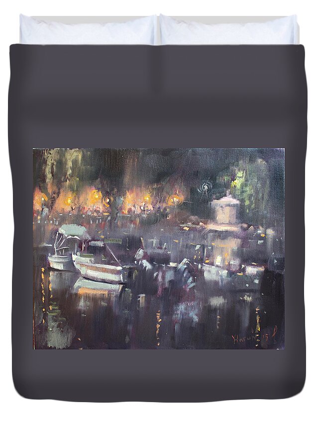Nocturne Duvet Cover featuring the painting Nocturne at Dilesi Beach by Ylli Haruni