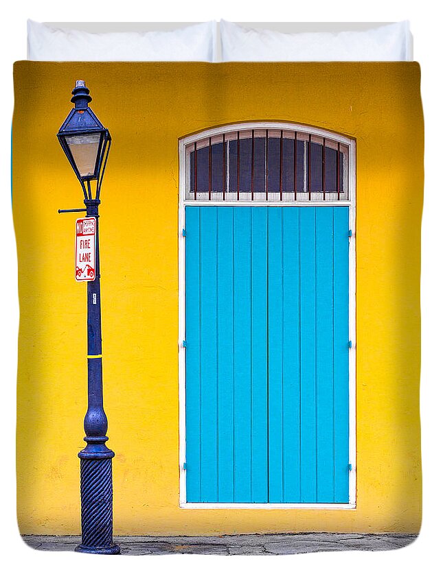Antique Duvet Cover featuring the photograph NOLA Door and Lamppost by Jerry Fornarotto