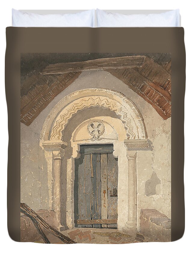 John Sell Cotman Duvet Cover featuring the painting Norman Doorway, Tottenhill Church, Norfolk by John Sell Cotman