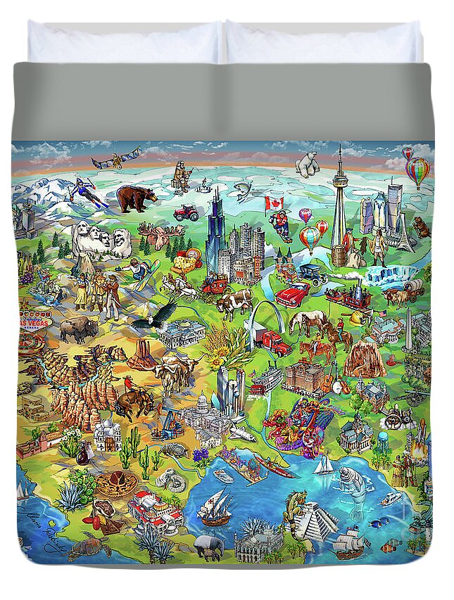 Los Angeles; Santa Barbara; Us; Usa; Maria Rabinky; Rabinky; New York; Illustrated Map; United States; Chicago; San Francisco; Pictorial Map; America; Colorful Map Of America Duvet Cover featuring the painting North America Wonders Map Illustration by Maria Rabinky