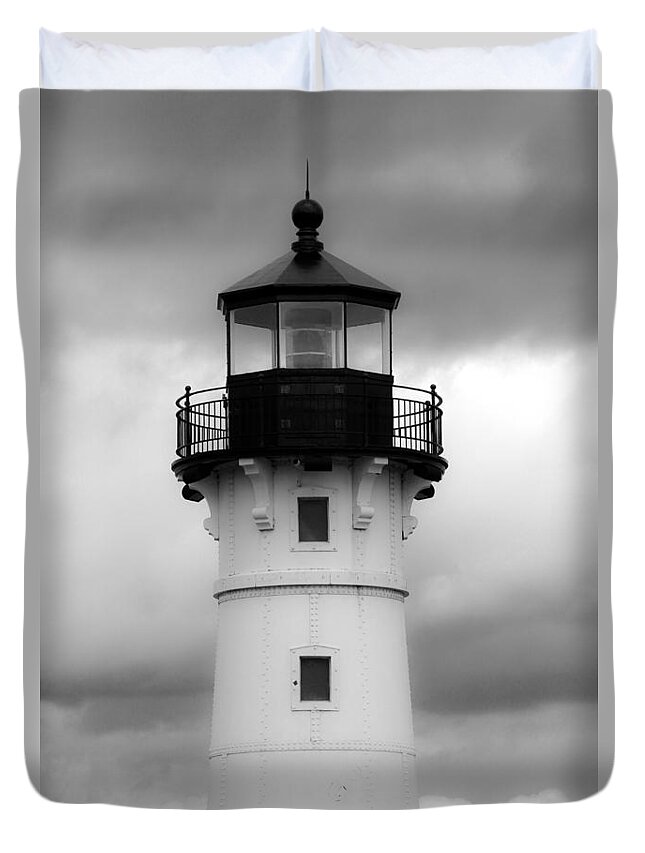 Bonnie Follett Duvet Cover featuring the photograph North Canal Lighthouse BW by Bonnie Follett
