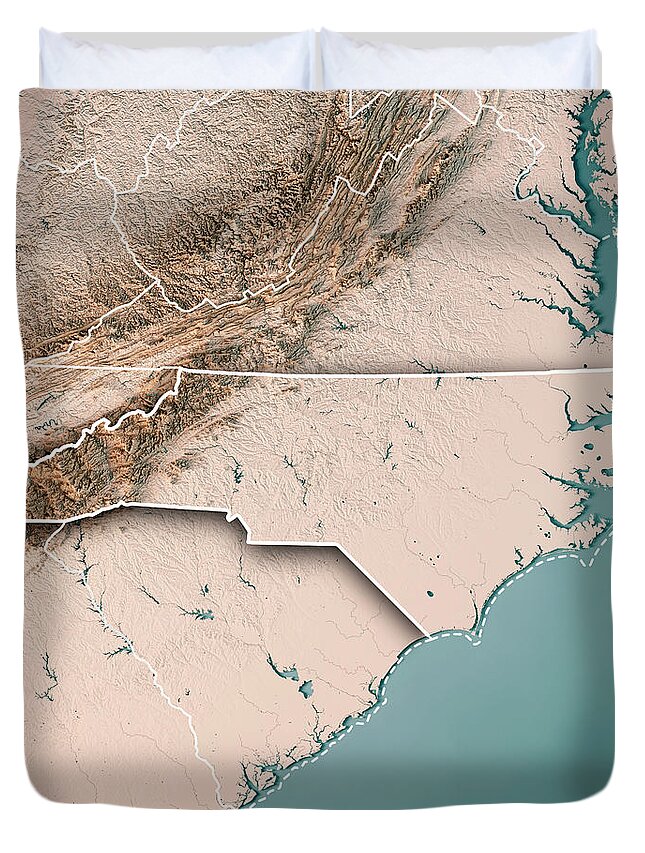 North Carolina Duvet Cover featuring the digital art North Carolina State USA 3D Render Topographic Map Neutral Borde by Frank Ramspott