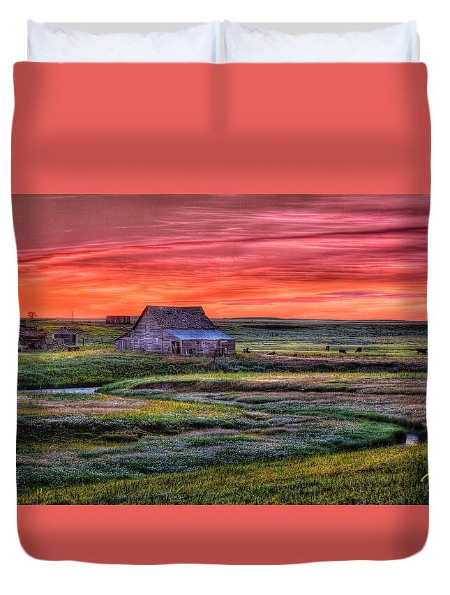 Natural Forms Duvet Cover featuring the photograph North Dakota Farm at Sunrise by Rikk Flohr