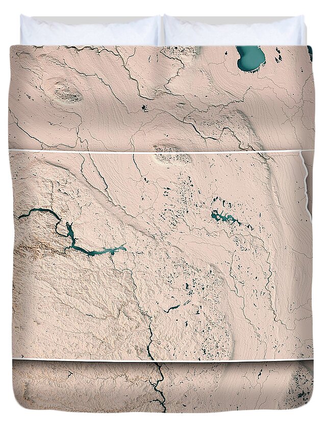 North Dakota Duvet Cover featuring the digital art North Dakota State USA 3D Render Topographic Map Neutral Border by Frank Ramspott