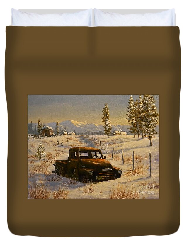 47 Chevy Pickup Duvet Cover featuring the painting North Idaho Yard Art by Paul K Hill