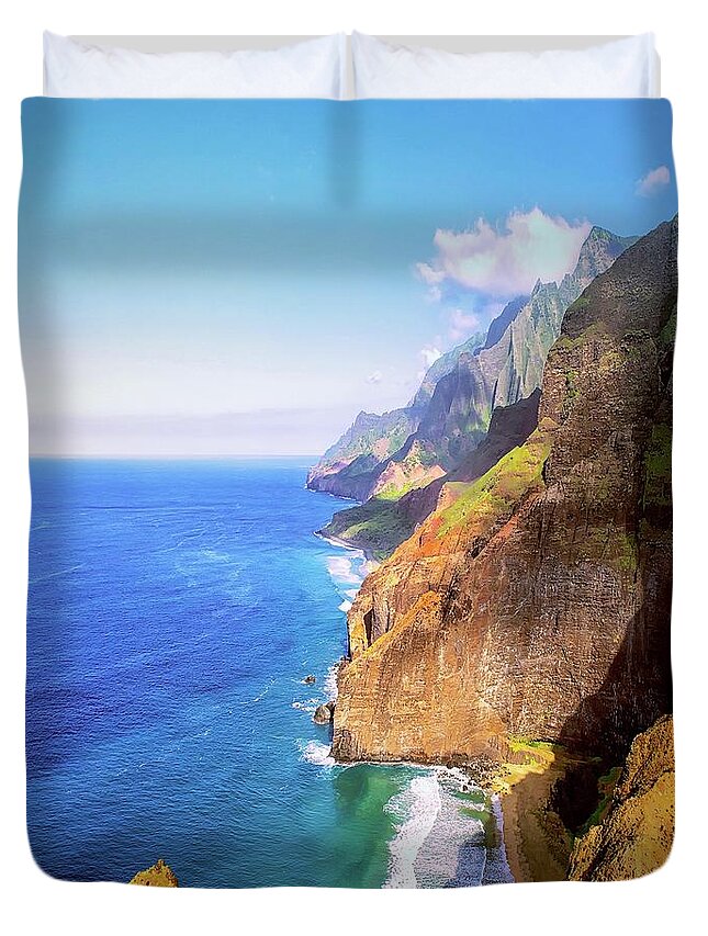 Olenaart Duvet Cover featuring the photograph Kauai, Hawaii Aerial View of the North Na Pali Coast by OLena Art by Lena Owens - Vibrant DESIGN