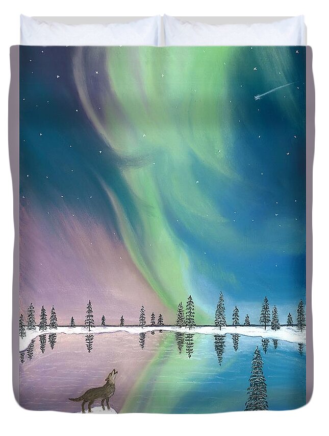 Northern Lights The Wolf And The Comet Duvet Cover For Sale By