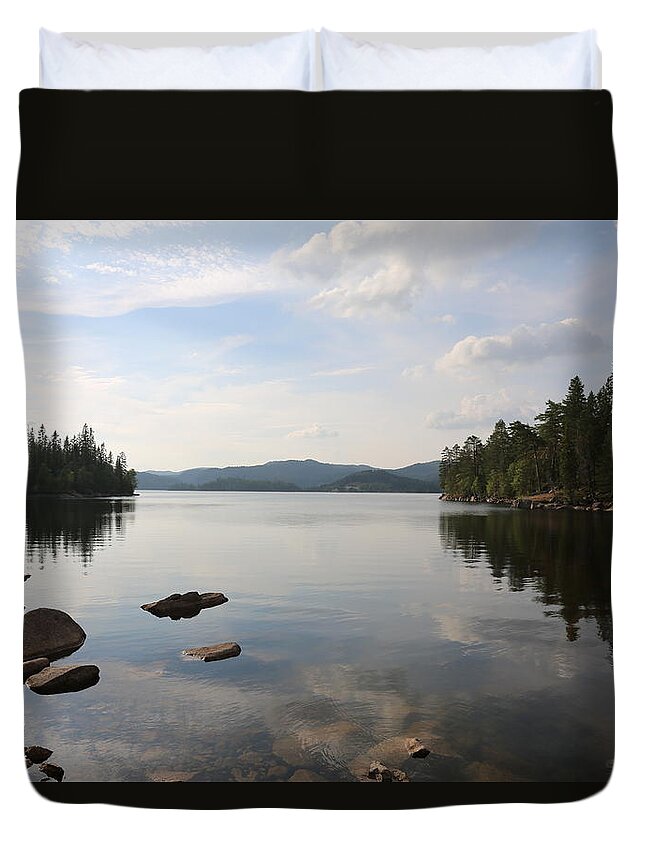 Waterfront Water Lake Forrest Trees Rocks Woods Outdoors Nature Landscape View Scandinavia Europe Norway Clouds Sky Duvet Cover featuring the digital art Norwegian Landscape by Jeanette Rode Dybdahl