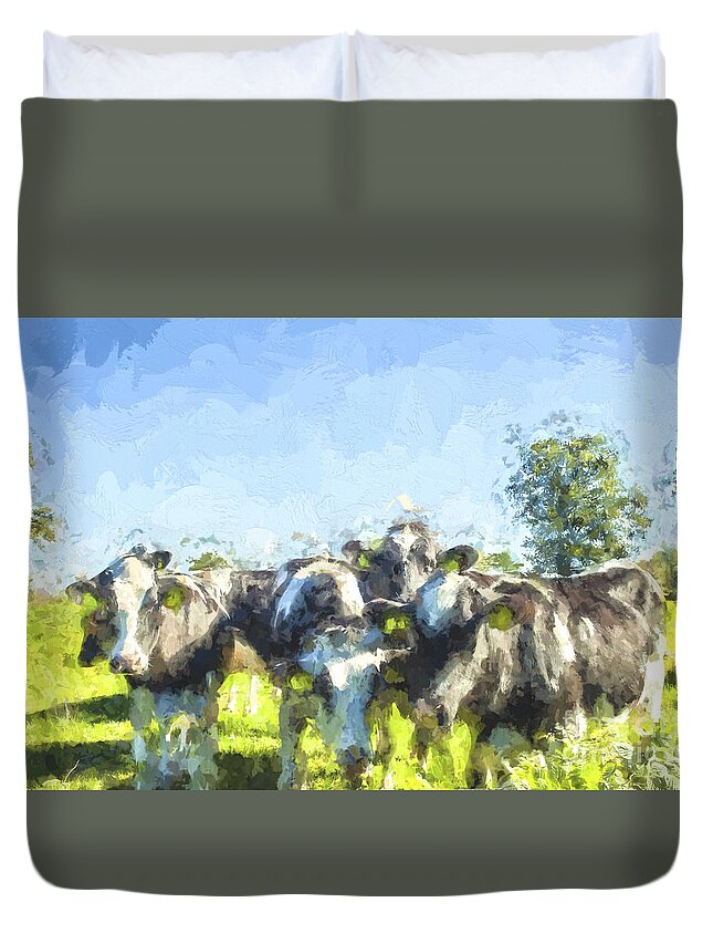 Cow Duvet Cover featuring the digital art Nosy cows by Patricia Hofmeester