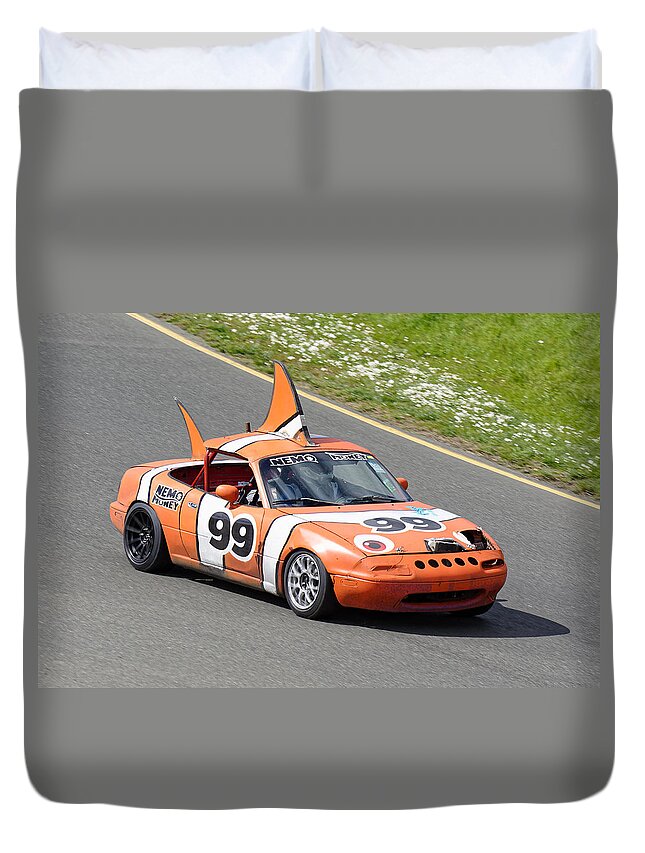 Sports Duvet Cover featuring the photograph Not Clowning Around -- Mazda Miata at the 24 Hours of LeMons Race in Sonoma, California by Darin Volpe