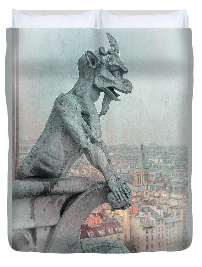Paris Duvet Cover featuring the photograph Notre Dame Gargoyle by Joan Carroll