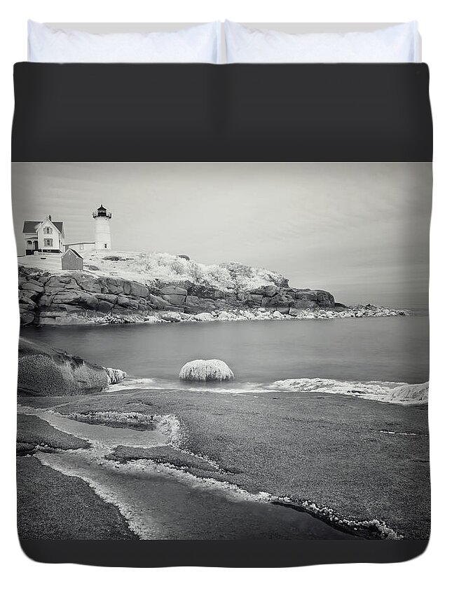 Cape Neddick Duvet Cover featuring the photograph Nubble Light Black and White by Luke Moore