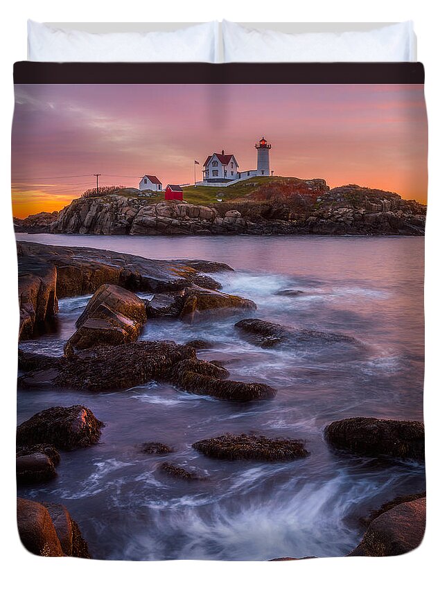 Maine Duvet Cover featuring the photograph Nubble Light Sunrise by Darren White
