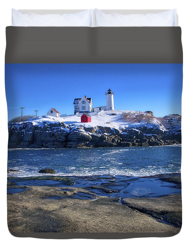 Atlantic Duvet Cover featuring the photograph Nubble Lighthouse -Winter 2015 by Steven Ralser
