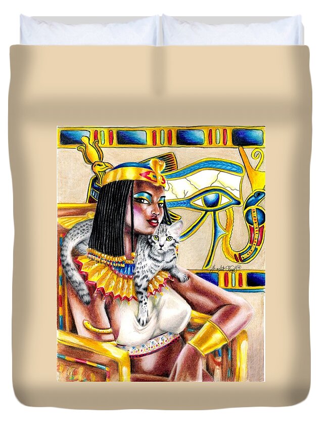 Egyptian Mau Duvet Cover featuring the drawing Nubian Queen by Scarlett Royale