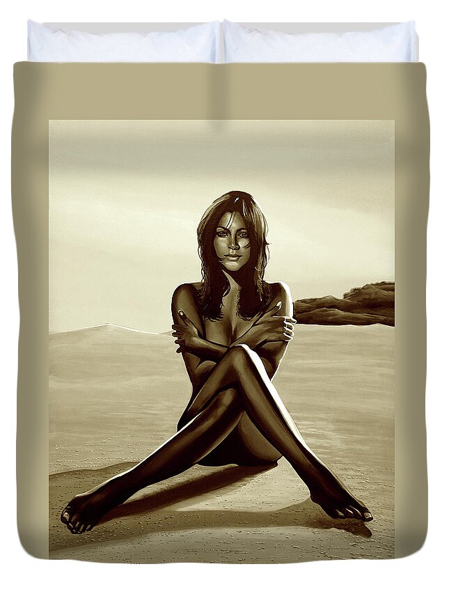 Nude Duvet Cover featuring the mixed media Nude Beach Beauty Sepia by Paul Meijering