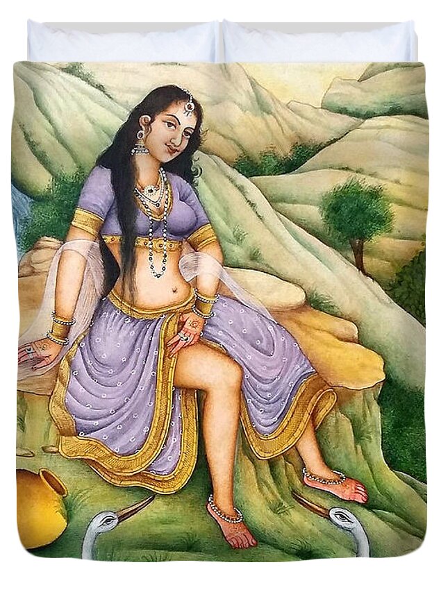 Nude Queen Bathing In The River Crane Indian miniature Watercolor Painting ...