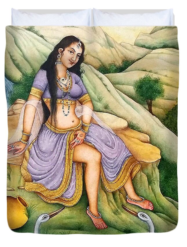 Nude Queen Bathing In The River Crane Indian miniature Watercolor Painting  Baba Ramdeva Duvet Cover by Ravi sharma - Pixels