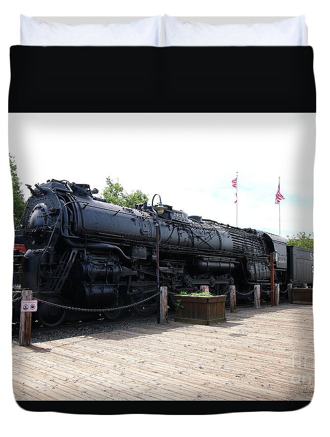 Locomotive Duvet Cover featuring the photograph Number 5021 Old Town Sacramento Santa Fe Steam Locomitive Engine by Christiane Schulze Art And Photography