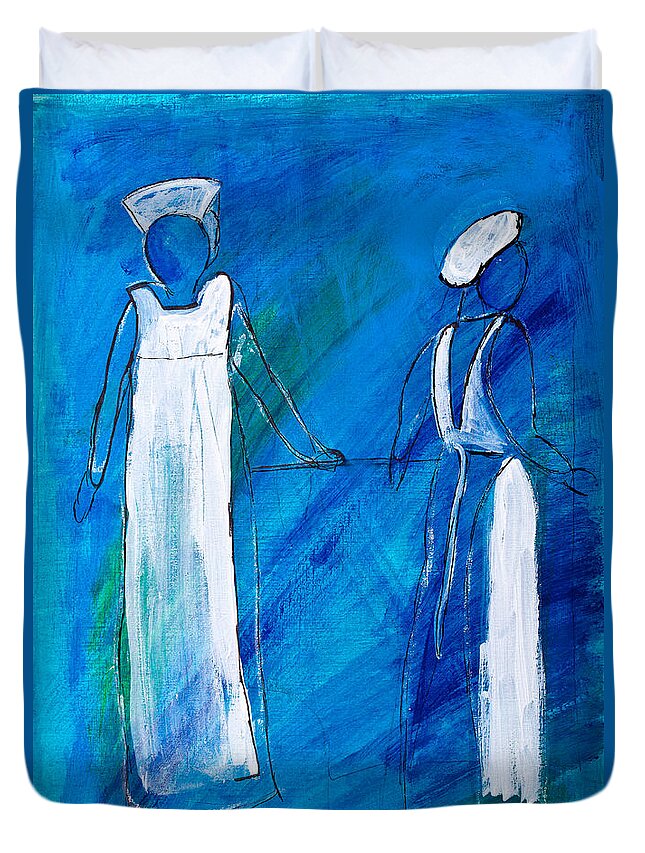 Acrylic Duvet Cover featuring the painting Nurses In Uniform by Simon Bratt