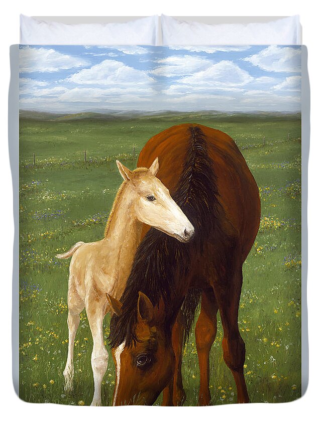 Horses Duvet Cover featuring the painting Nurturing Nature by Doug Kreuger