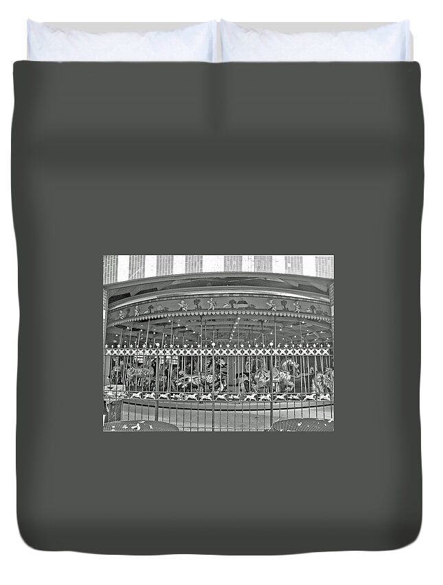 black And White Duvet Cover featuring the photograph NYC Central Park Carousel by Barbara McDevitt