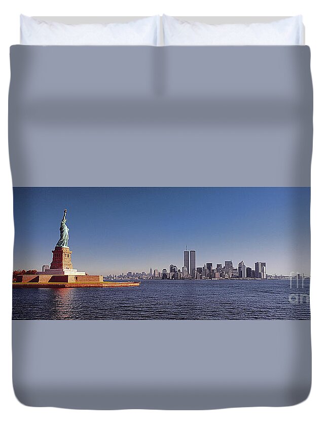 New Duvet Cover featuring the photograph New, York, City, skyline, twin, towers, statue of liberty by Tom Jelen