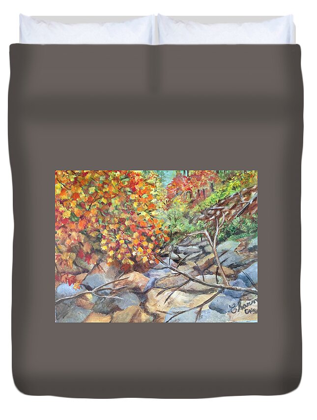 Fall Is In The Canyon With Its Purples Duvet Cover featuring the painting Oak Creek Canyon by Charme Curtin