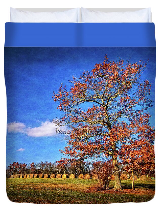 Oak Tree And Hay Bales Duvet Cover featuring the photograph Oak Tree and Hay Bales by Carolyn Derstine