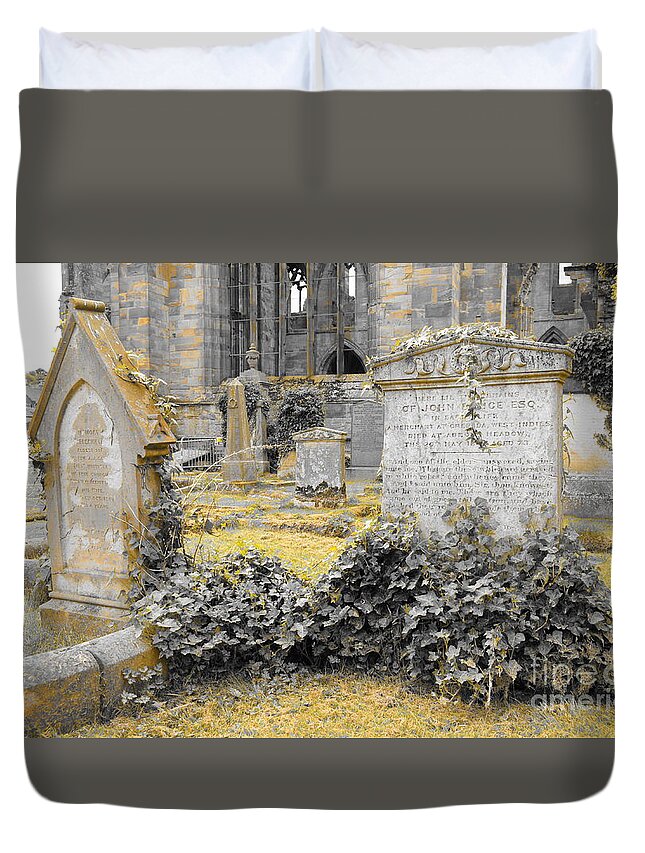 Ruins Of Melrose Abbey Duvet Cover featuring the photograph Oblivion. Ivy and Golden Lichen by Elena Perelman