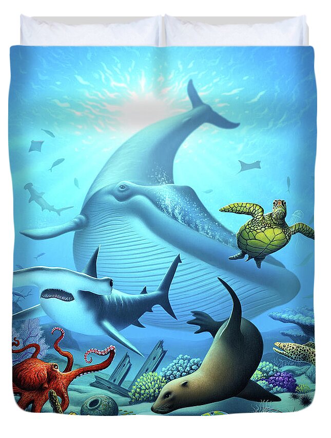 Blue Whale Duvet Cover featuring the digital art Ocean Life by Jerry LoFaro