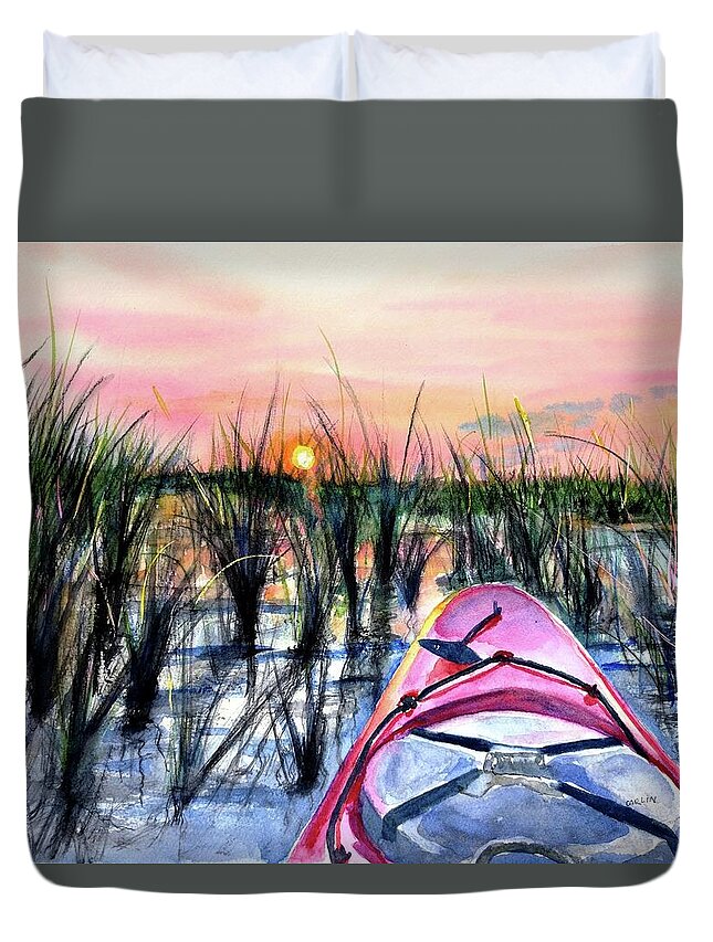Sunrise Duvet Cover featuring the painting Ocean Sunrise Kayak by Carlin Blahnik CarlinArtWatercolor