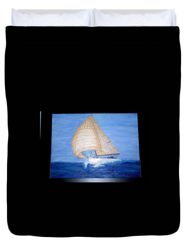Landscape Duvet Cover featuring the painting Ocean Voyage by Jean Wolfrum