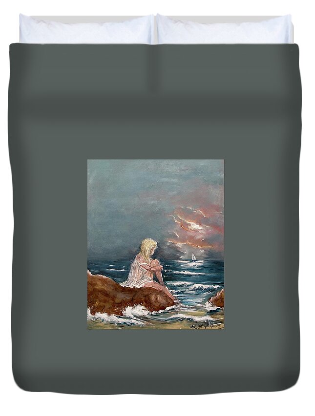 Oceanic Relaxation Ocean View Sea Wave Water Seascape Girl Woman Sit Figure Look Sail Sailing Beach Evening Sunset Clouds Splash Blonde Acrylic Painting Print Nude Blue White Duvet Cover featuring the painting Oceanic Relaxation by Miroslaw Chelchowski