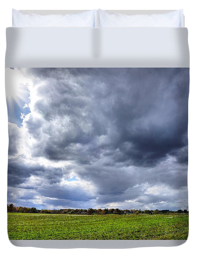 October Duvet Cover featuring the photograph October sky over countryside in New England by Lilia S
