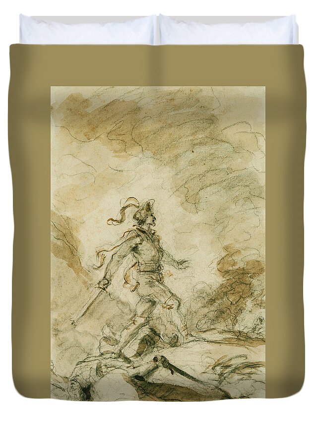 French Art Duvet Cover featuring the drawing Odorico Kills Corebo and Sets Out in Pursuit of Isabella by Jean-Honore Fragonard