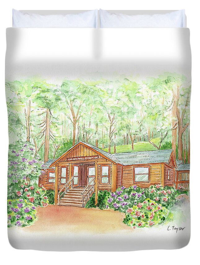 Log Cabin Duvet Cover featuring the painting Office in the Park by Lori Taylor