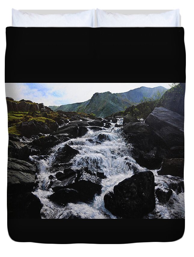 Landscape Duvet Cover featuring the painting Ogwen Waterfall by Harry Robertson