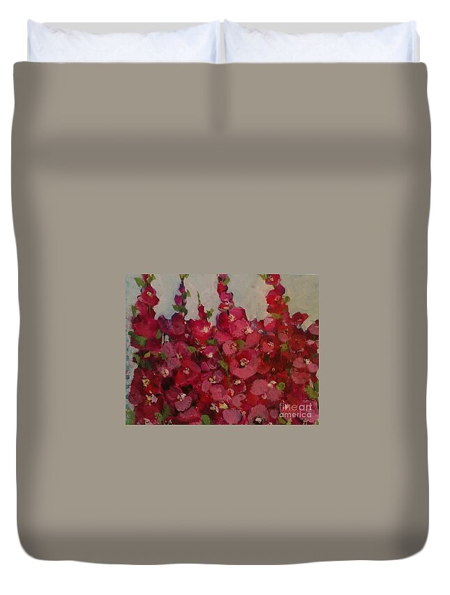 Floral Duvet Cover featuring the painting Oh My Hollyhocks by Sherry Harradence