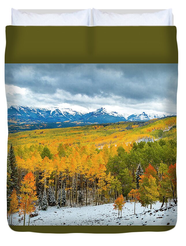 Aspen Trees Duvet Cover featuring the photograph Ohio Pass Road in Full Fall Color and Snow by Teri Virbickis