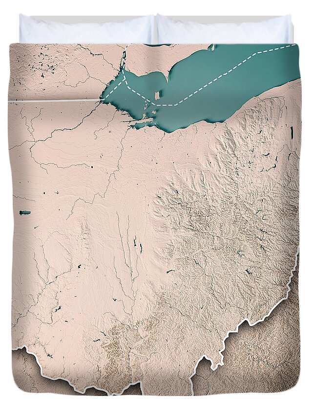 Ohio Duvet Cover featuring the digital art Ohio State USA 3D Render Topographic Map Neutral Border by Frank Ramspott