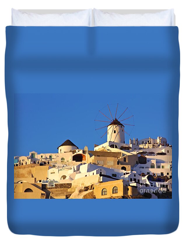 Santorini Duvet Cover featuring the photograph Oia Windmill by Jeremy Hayden