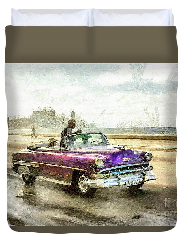 Chevrolet Duvet Cover featuring the drawing Old American Chevrolet 1950s cars by Daliana Pacuraru
