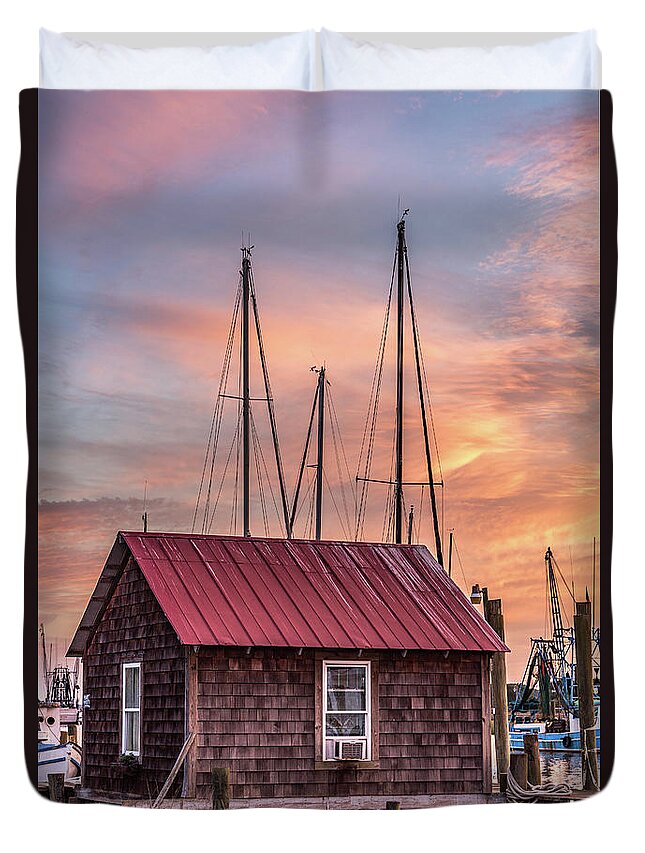Boathouse Duvet Cover featuring the photograph Old Boathouse on Shem Creek by Donnie Whitaker