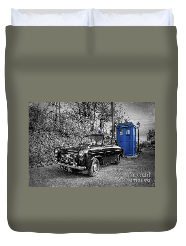 Art Duvet Cover featuring the photograph Old British Police Car And Tardis by Yhun Suarez