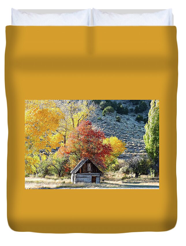 Old Cabin. Fall Leaves. Birthtown Of Butch Cassidy Duvet Cover featuring the photograph . Butch Cassidy's Home Place by Patricia Haynes
